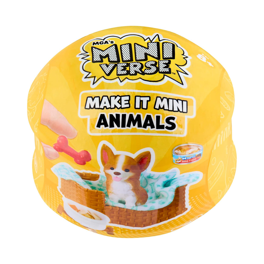 A yellow round toy capsule for 'MG's Mini Verse Make It Mini Animals' featuring a cartoon puppy in a bath and a small hand holding a pink toy bone, on a white background.