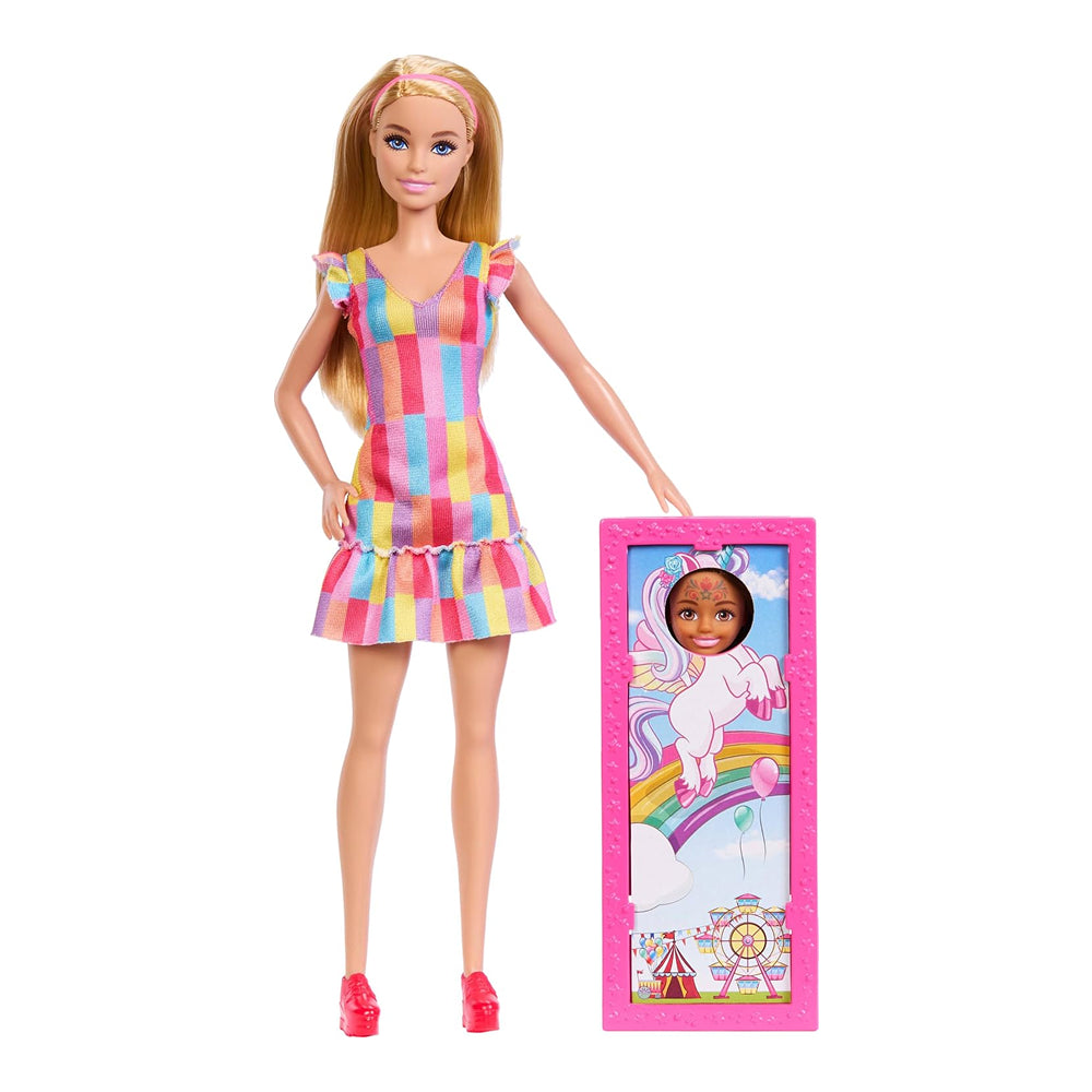 Barbie Day at the Fair playset with Barbie and Chelsea dolls, pink face-paint booth and dress-up accessories