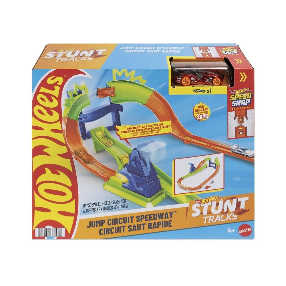 Hot Wheels Jump Circuit Speedway stunt track with 180-degree curve, gap jump, launcher and 1:64 scale toy car