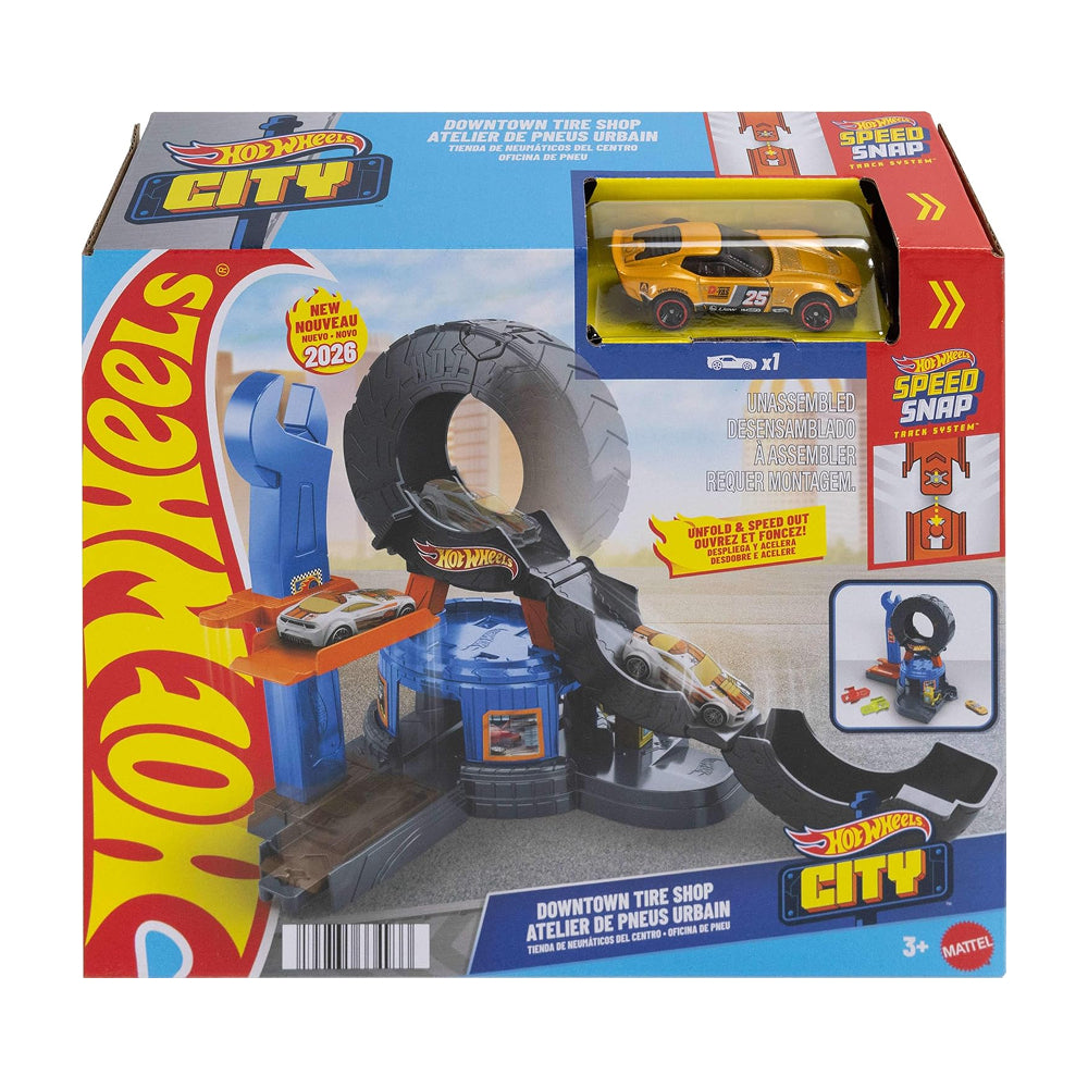 Hot Wheels City Downtown Tire Shop playset with rotating tyre ramp, vehicle lift and die-cast tow truck