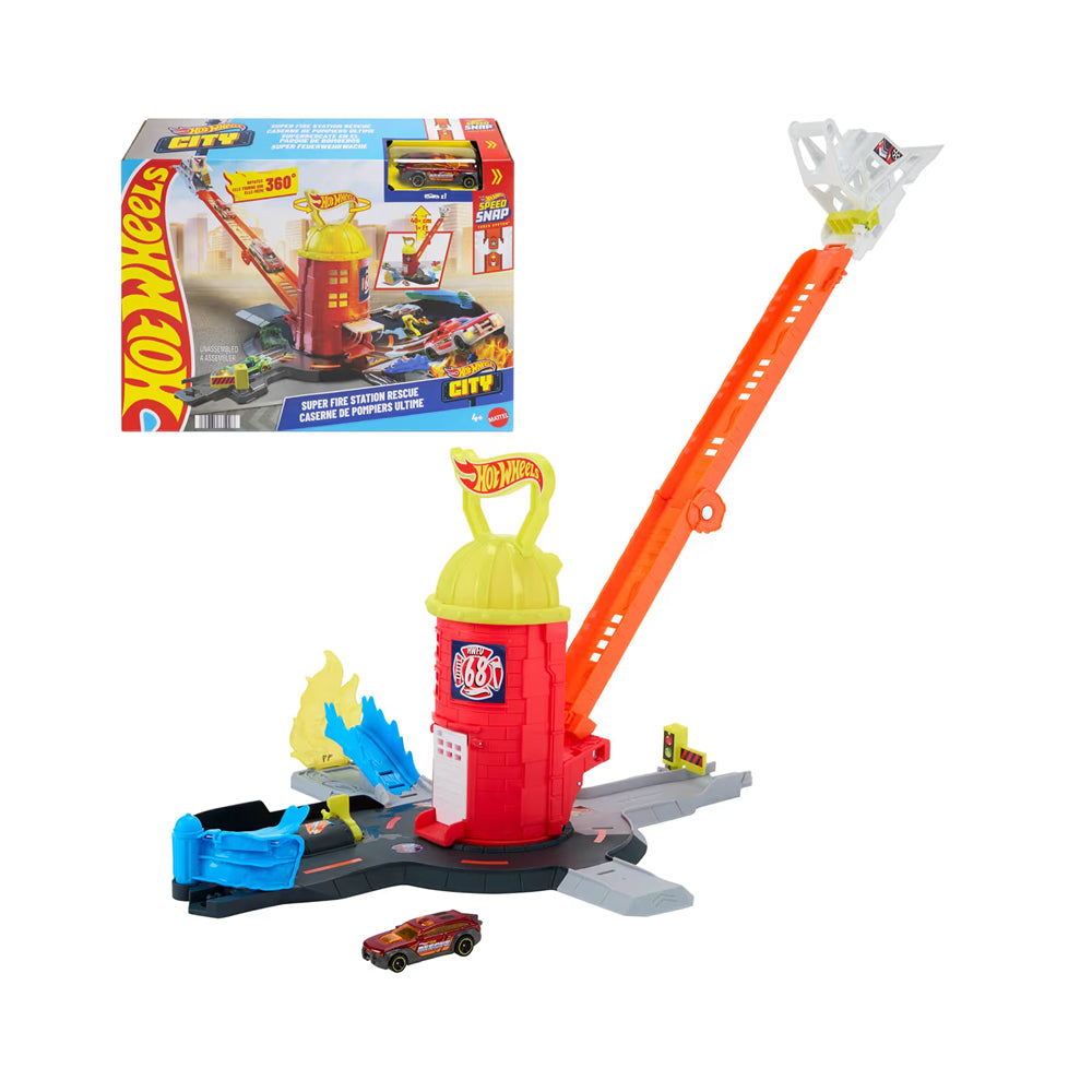 Hot Wheels City Super Fire Station Rescue with extendable orange ladder track and fire truck