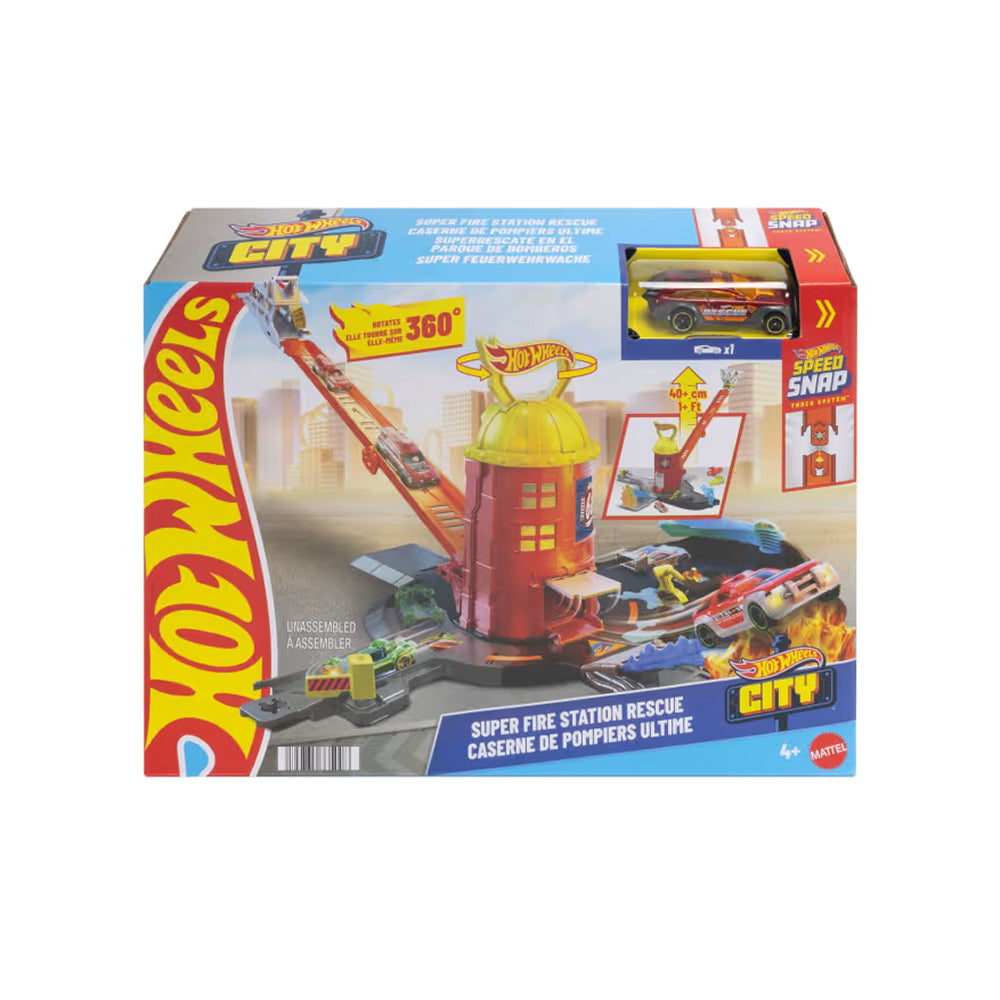 Hot Wheels City Super Fire Station Rescue with extendable orange ladder track and fire truck