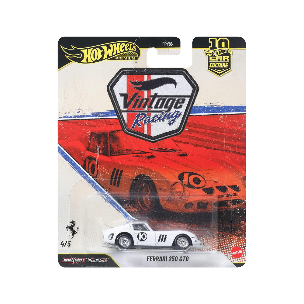 Hot Wheels Premium white Ferrari 250 GTO number 10 Vintage Racing die-cast car in 1:64 scale