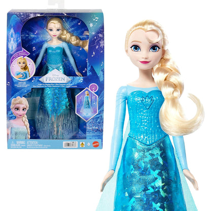 Disney Frozen singing Elsa doll in an ice-blue dress with a light-up skirt and braided hair