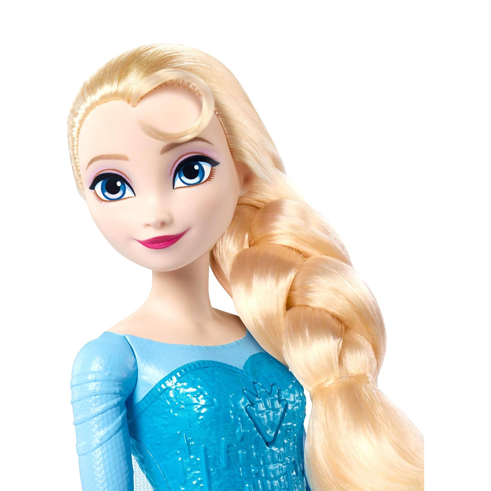 Disney Frozen singing Elsa doll in an ice-blue dress with a light-up skirt and braided hair