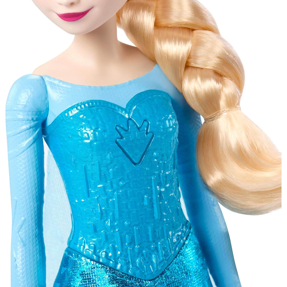 Disney Frozen singing Elsa doll in an ice-blue dress with a light-up skirt and braided hair