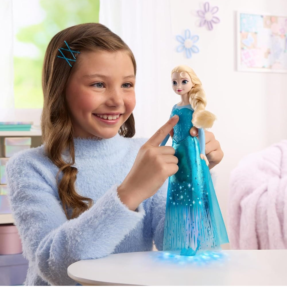 Disney Frozen singing Elsa doll in an ice-blue dress with a light-up skirt and braided hair