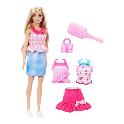 Barbie Easy-to-Dress blonde doll with five snap-on fashion pieces, pink handbag and hairbrush