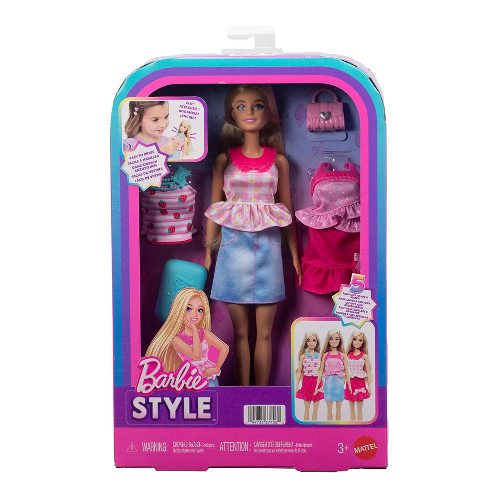 Barbie Easy-to-Dress blonde doll with five snap-on fashion pieces, pink handbag and hairbrush