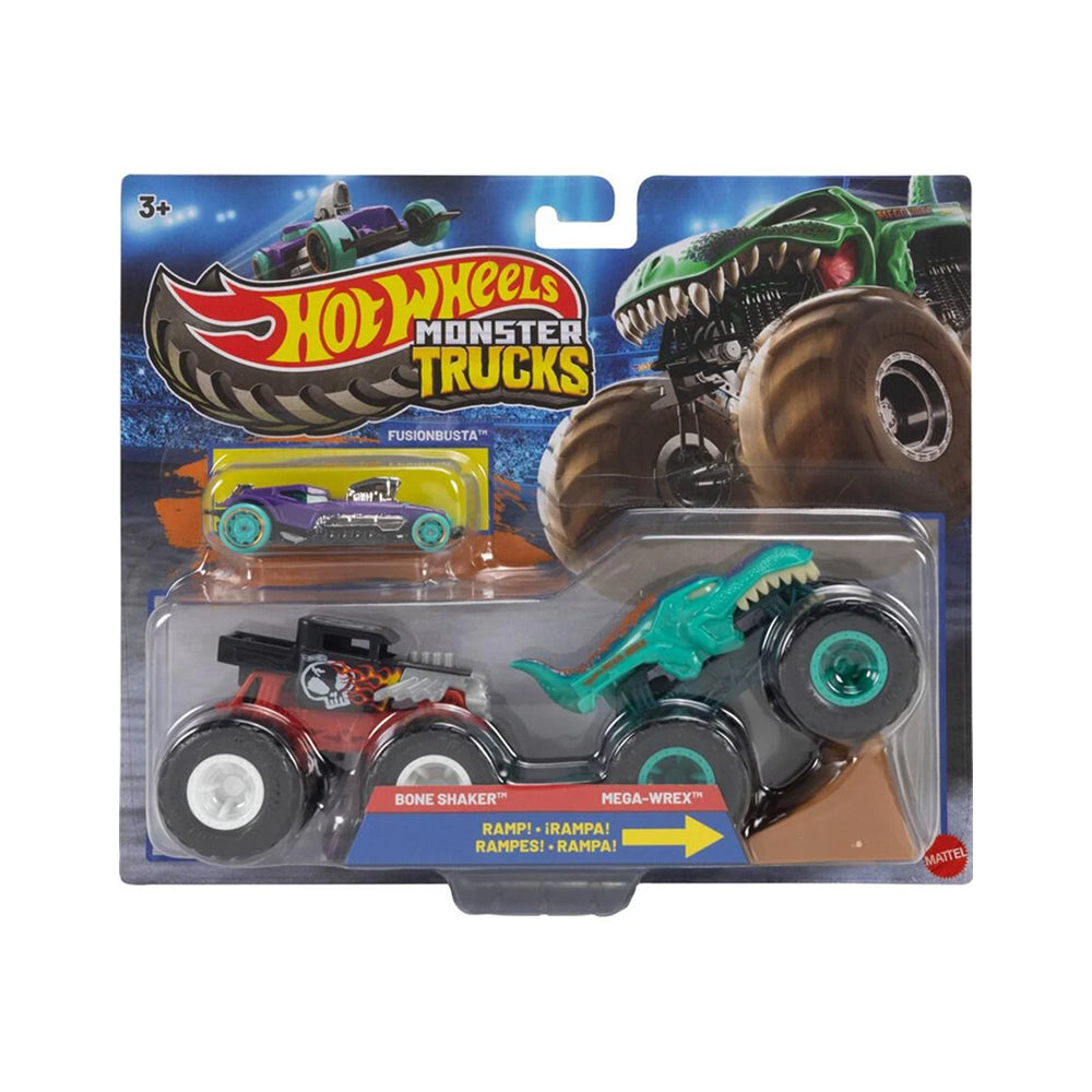 Assorted Hot Wheels Monster Trucks multipack with two 1:64 scale trucks, one toy car and stunt ramp