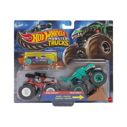 Assorted Hot Wheels Monster Trucks multipack with two 1:64 scale trucks, one toy car and stunt ramp