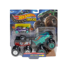Assorted Hot Wheels Monster Trucks multipack with two 1:64 scale trucks, one toy car and stunt ramp