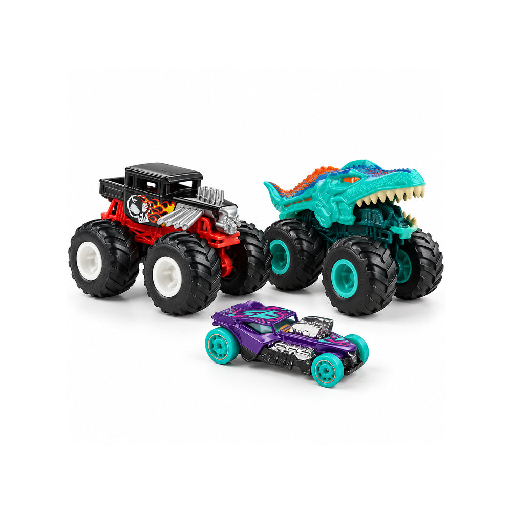 Assorted Hot Wheels Monster Trucks multipack with two 1:64 scale trucks, one toy car and stunt ramp