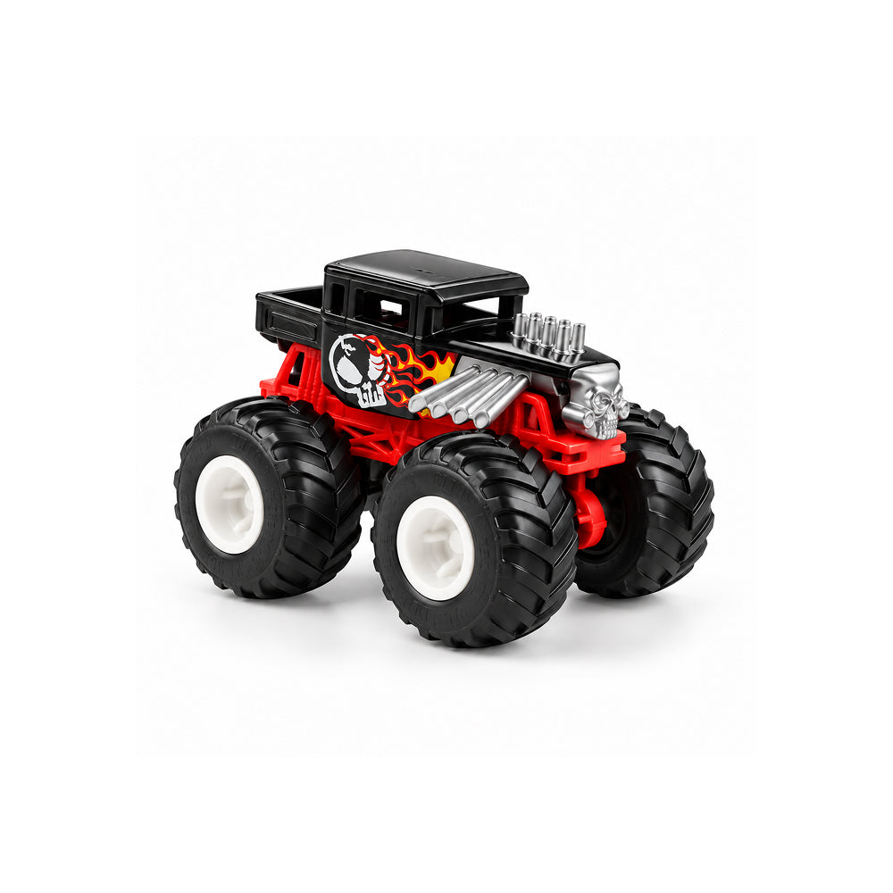 Assorted Hot Wheels Monster Trucks multipack with two 1:64 scale trucks, one toy car and stunt ramp