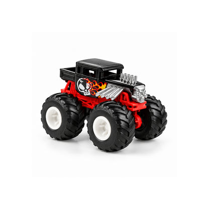Assorted Hot Wheels Monster Trucks multipack with two 1:64 scale trucks, one toy car and stunt ramp