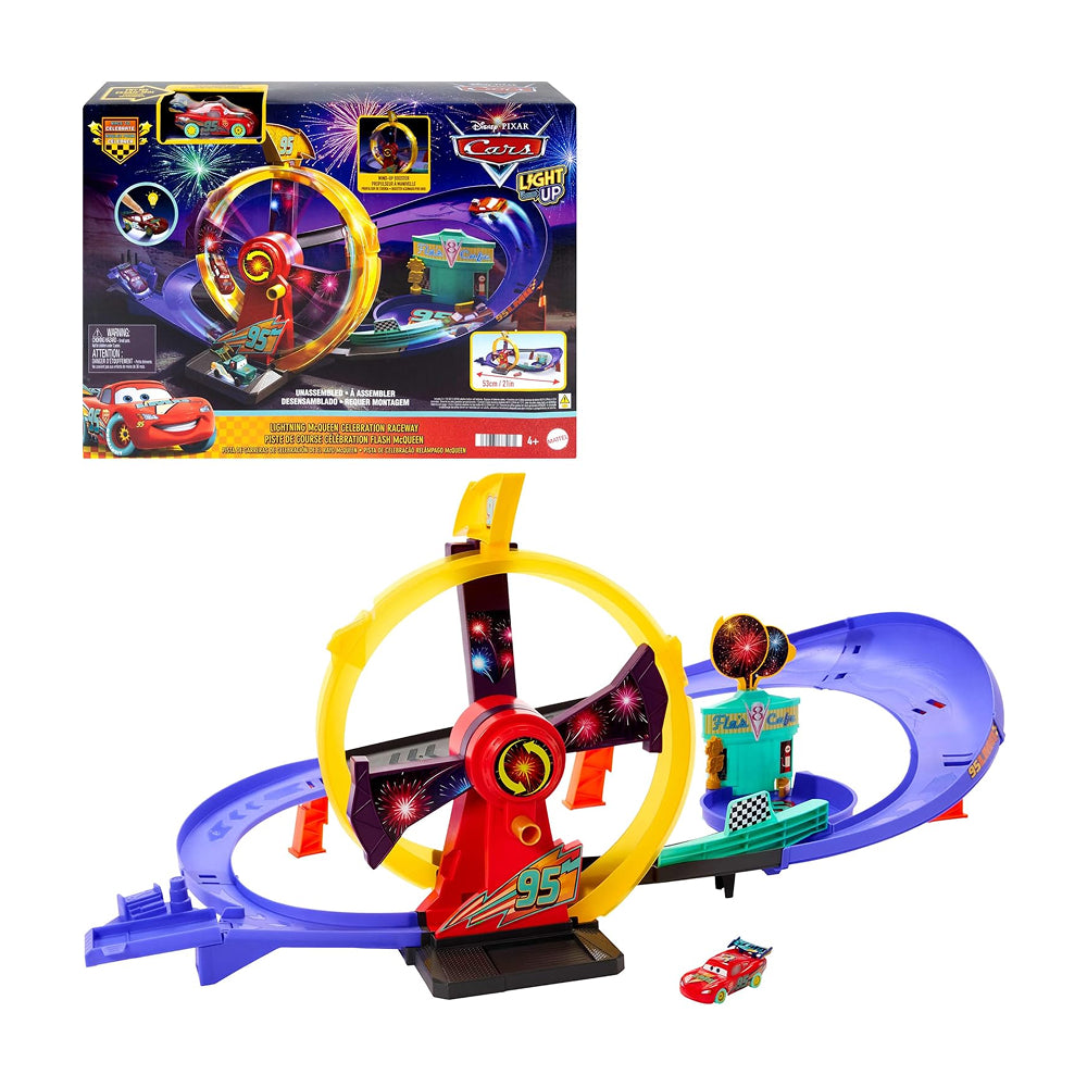 Disney Pixar Cars Lightning McQueen Celebration Raceway with light-up vehicle, loop-kicker and Flo’s V8 Café finish
