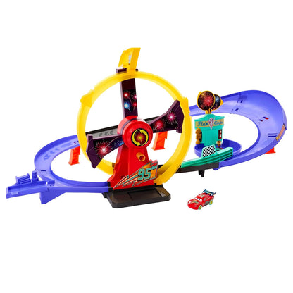 Disney Pixar Cars Lightning McQueen Celebration Raceway with light-up vehicle, loop-kicker and Flo’s V8 Café finish