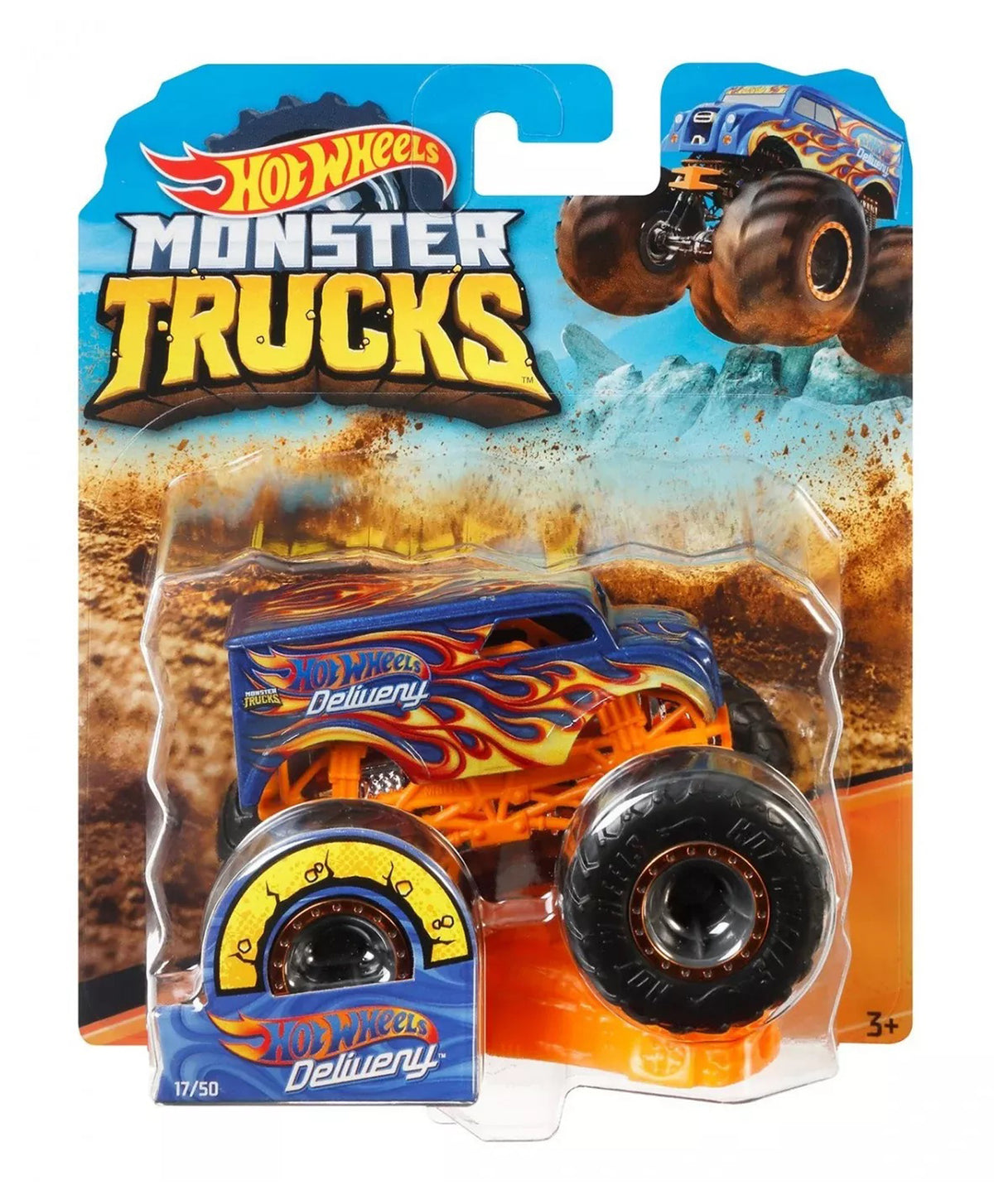 Hot Wheels Monster Trucks toy car in packaging with flames and 'Hot Wheels' branding.