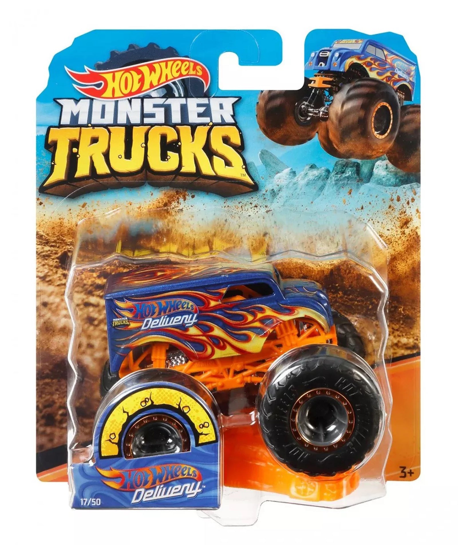 Hot Wheels Monster Trucks toy car in packaging with flames and 'Hot Wheels' branding.