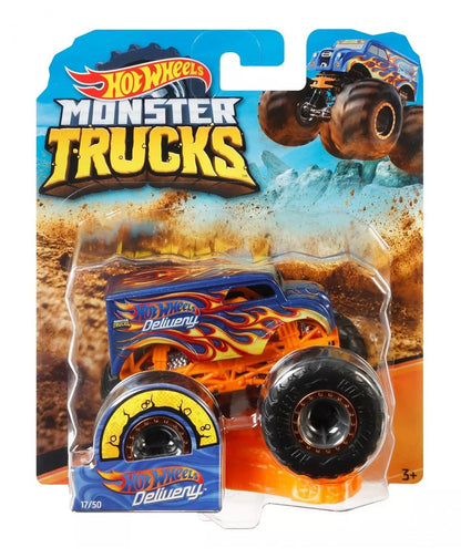 Hot Wheels Monster Trucks toy car in packaging with flames and 'Hot Wheels' branding.