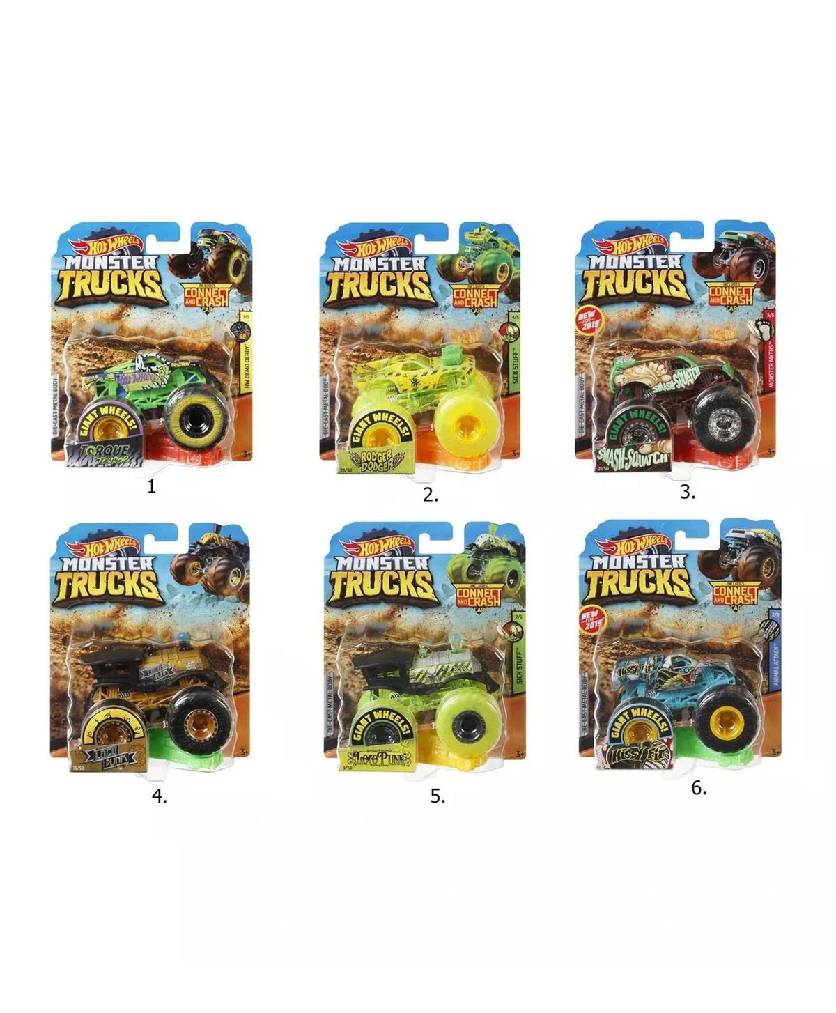 Six packages of Hot Wheels Monster Trucks toys on a white background