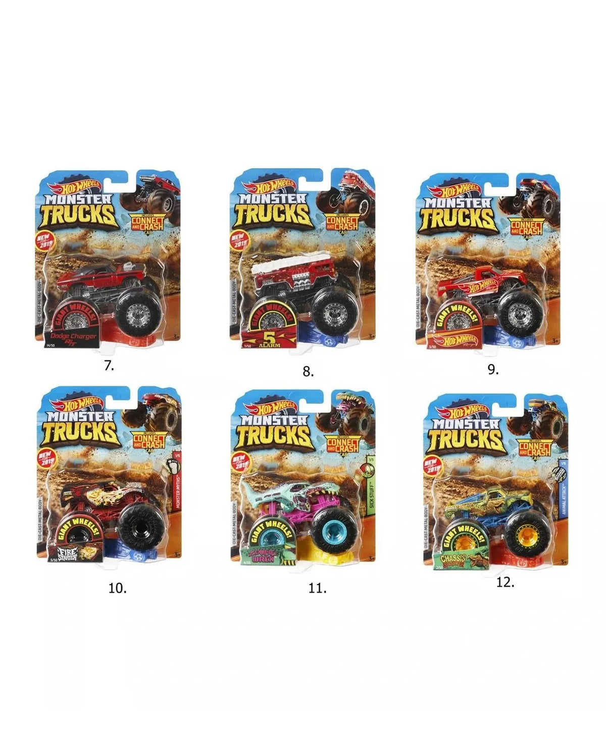 Packaged monster trucks from Hot Wheels on a white background