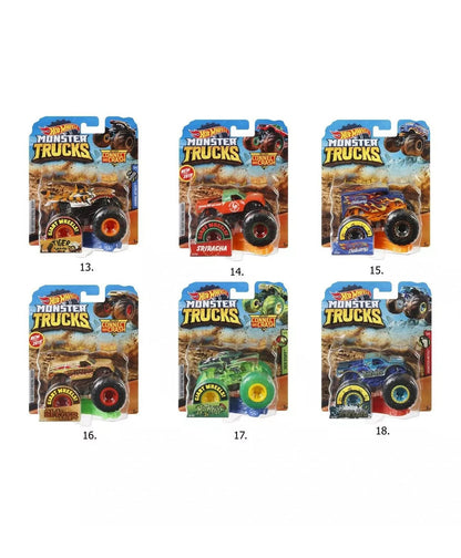 Packaged monster truck toys from Hot Wheels on a white background