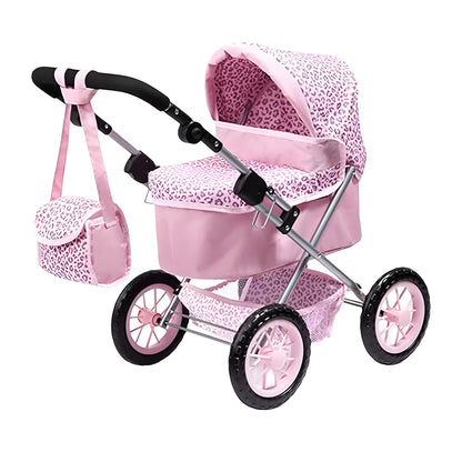 Pink toy baby stroller with a matching bag, featuring a pink and white leopard print pattern, a silver metal frame, and black wheels.