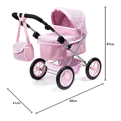 Pink doll stroller with matching bag and dimension lines showing measurements of 68cm, 41cm, and 67cm on a white background.