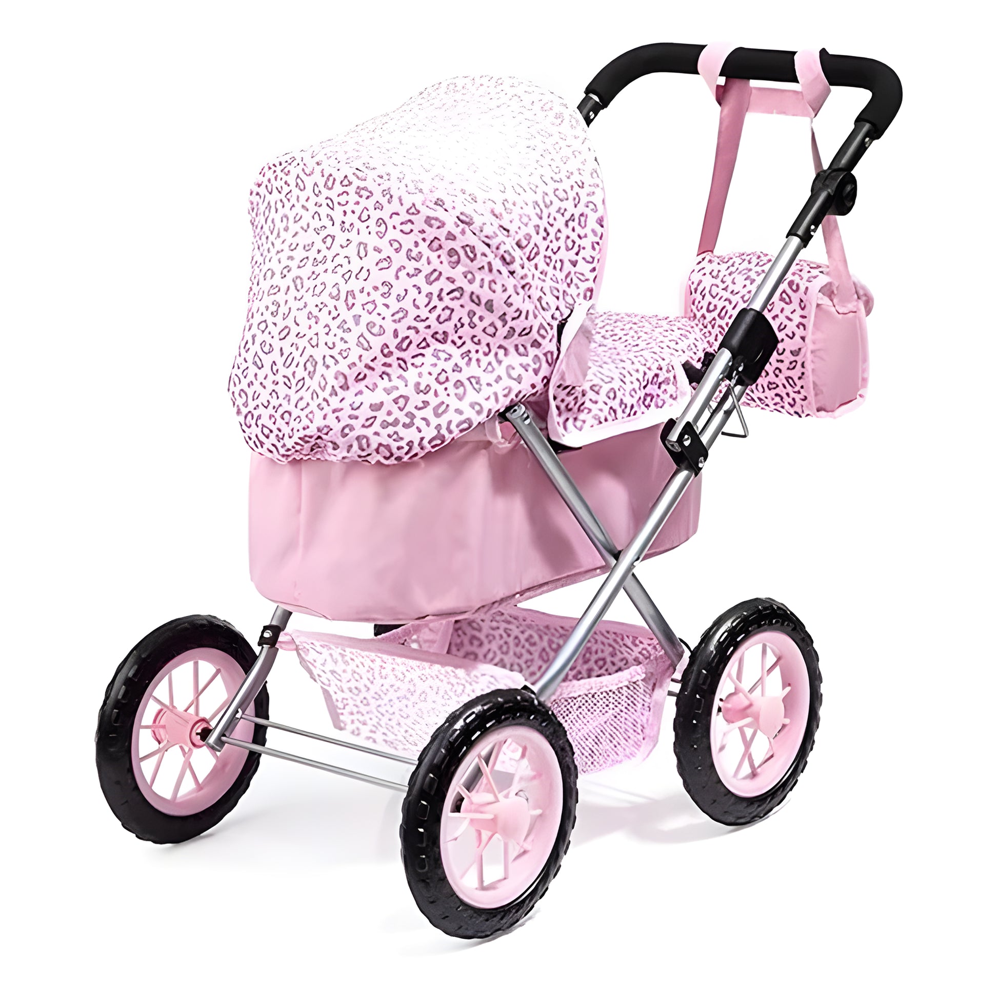 Pink toy baby stroller with a leopard print canopy, pink fabric body, silver metal frame, and black wheels, shown on a plain white background.