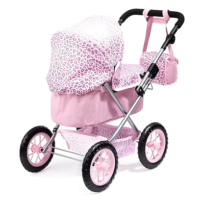 Pink toy baby stroller with a leopard print canopy, pink fabric body, silver metal frame, and black wheels, shown on a plain white background.