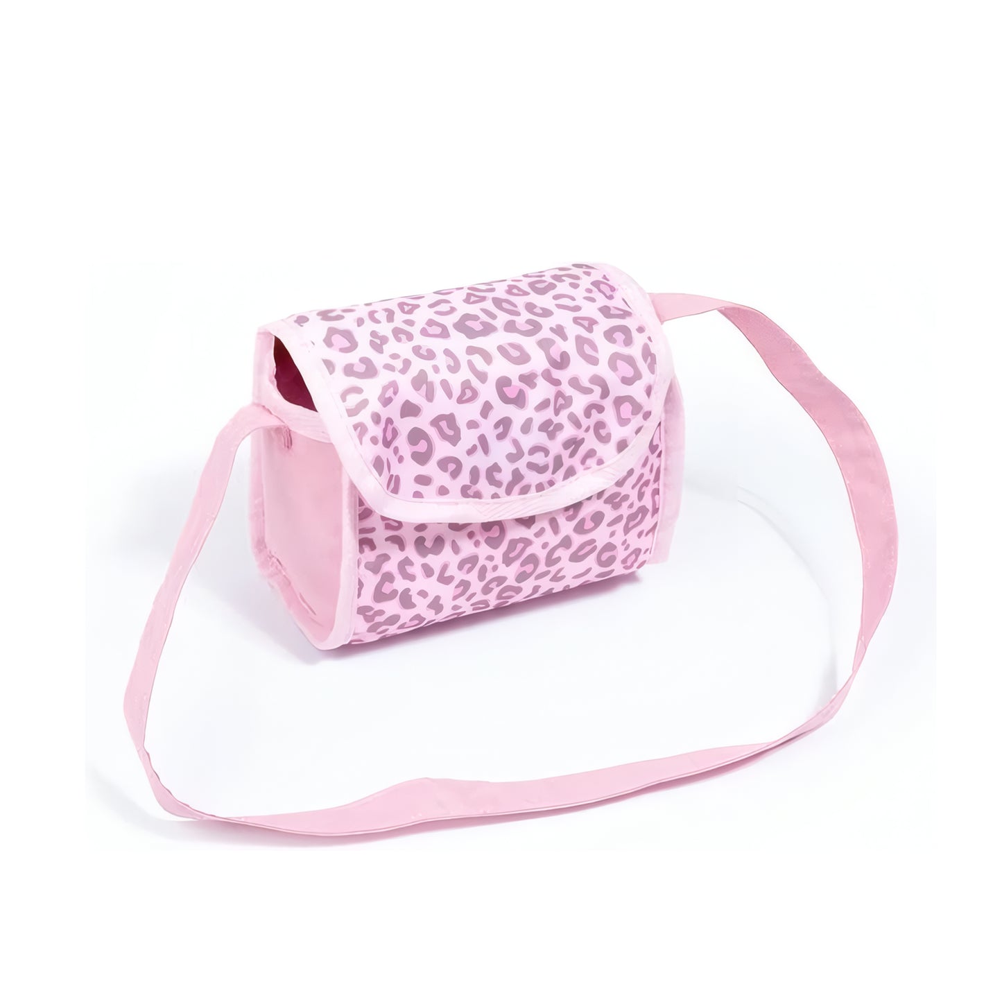 A pink fabric shoulder bag with a pink leopard print pattern and a matching pink strap, shown on a clean white background.
