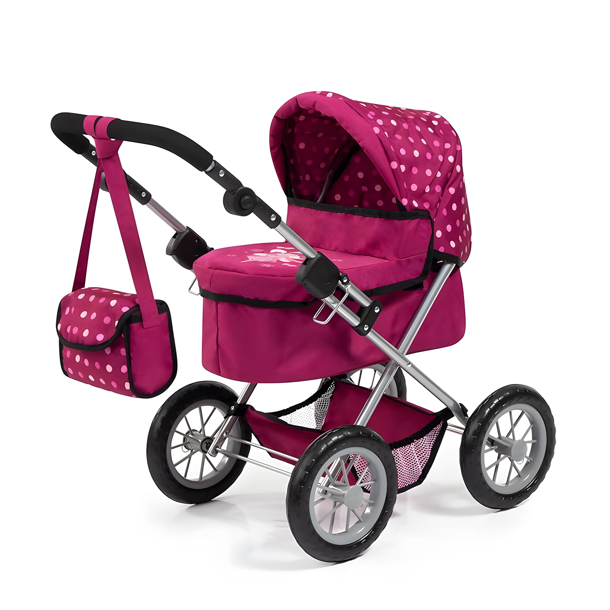 A pink doll stroller with a matching shoulder bag, featuring a magenta and white polka dot pattern, a silver metal frame, and black wheels, shown on a white background.