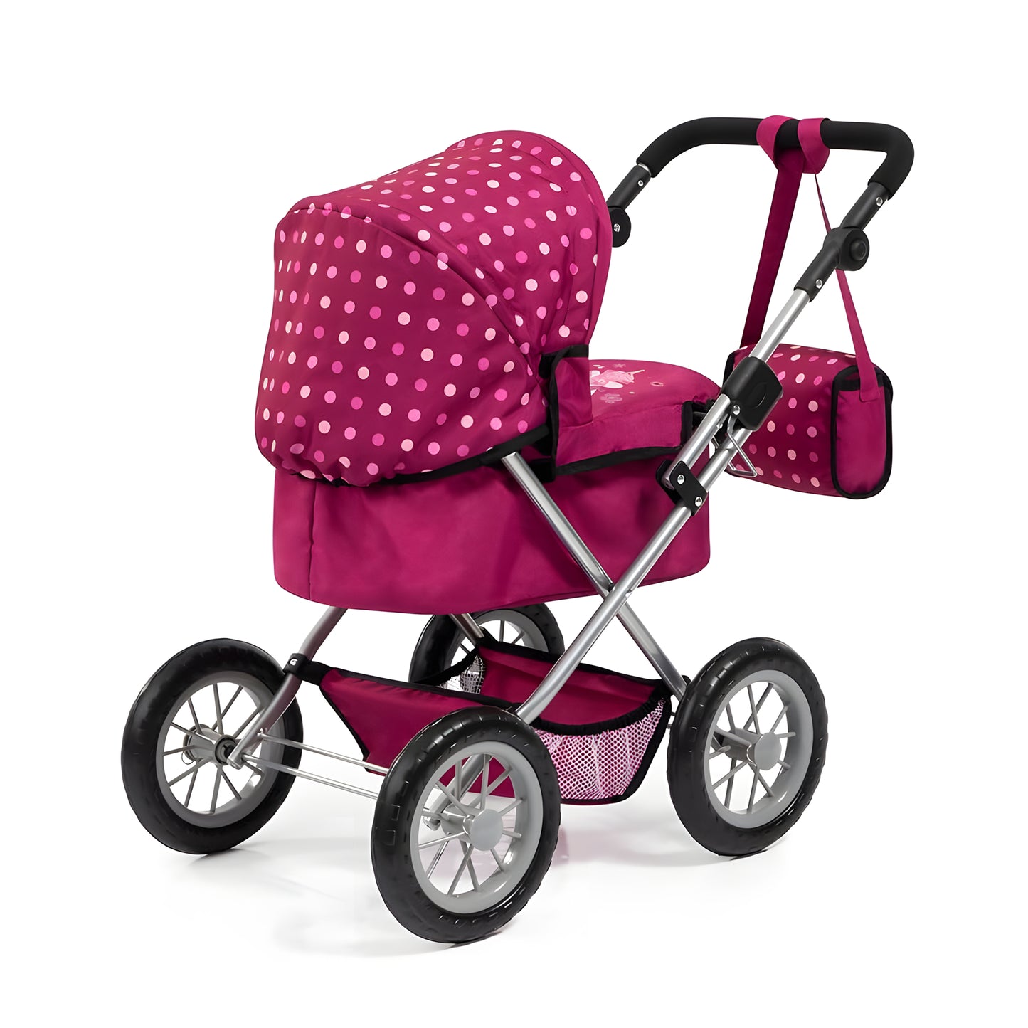 A pink and white polka dot toy doll stroller with a silver metal frame, black wheels, and a matching pink storage bag, shown on a white background.