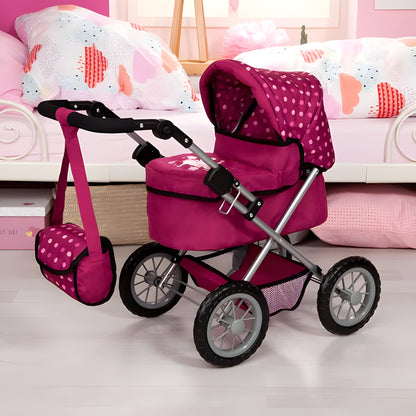 A pink and magenta baby stroller with white polka dots on the canopy and seat, featuring a matching side bag and pink storage basket, set in a pink-themed nursery room.