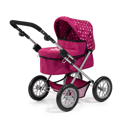 A pink and white polka dot baby stroller with a silver metal frame and black wheels, shown on a clean white background.