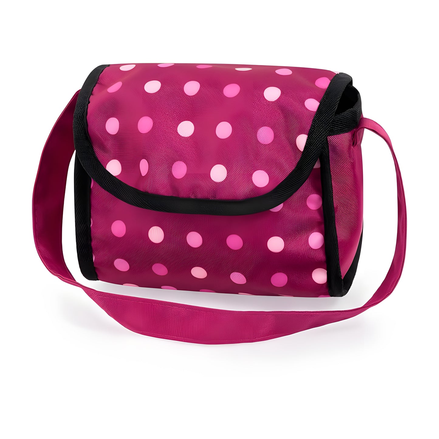 A pink and white polka dot messenger bag with black trim and a matching pink shoulder strap, shown on a clean white background.
