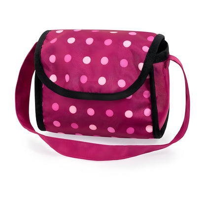 A pink and white polka dot messenger bag with black trim and a matching pink shoulder strap, shown on a clean white background.