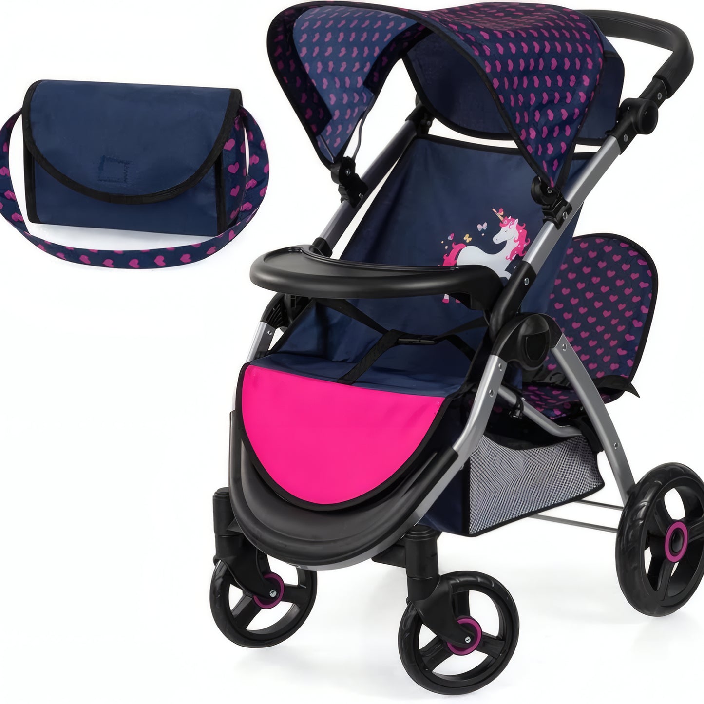 Bayer Design Twin Star blue and pink double doll pram with feeding tray and storage basket
