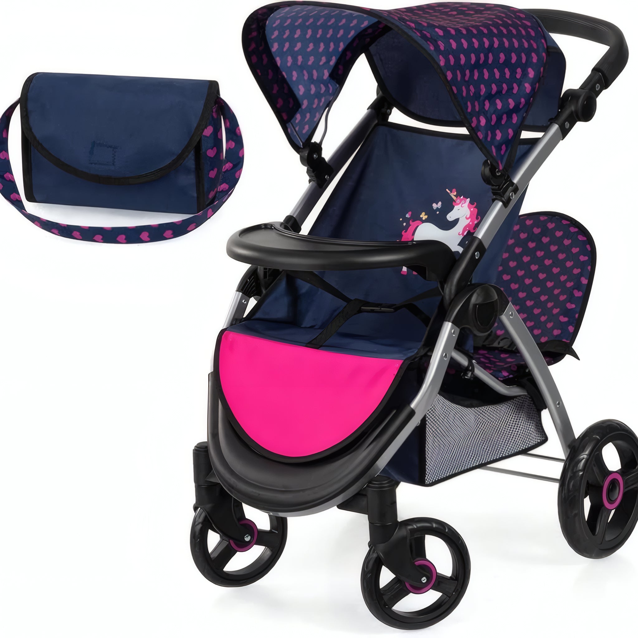 Bayer Design Twin Star blue and pink double doll pram with feeding tray and storage basket
