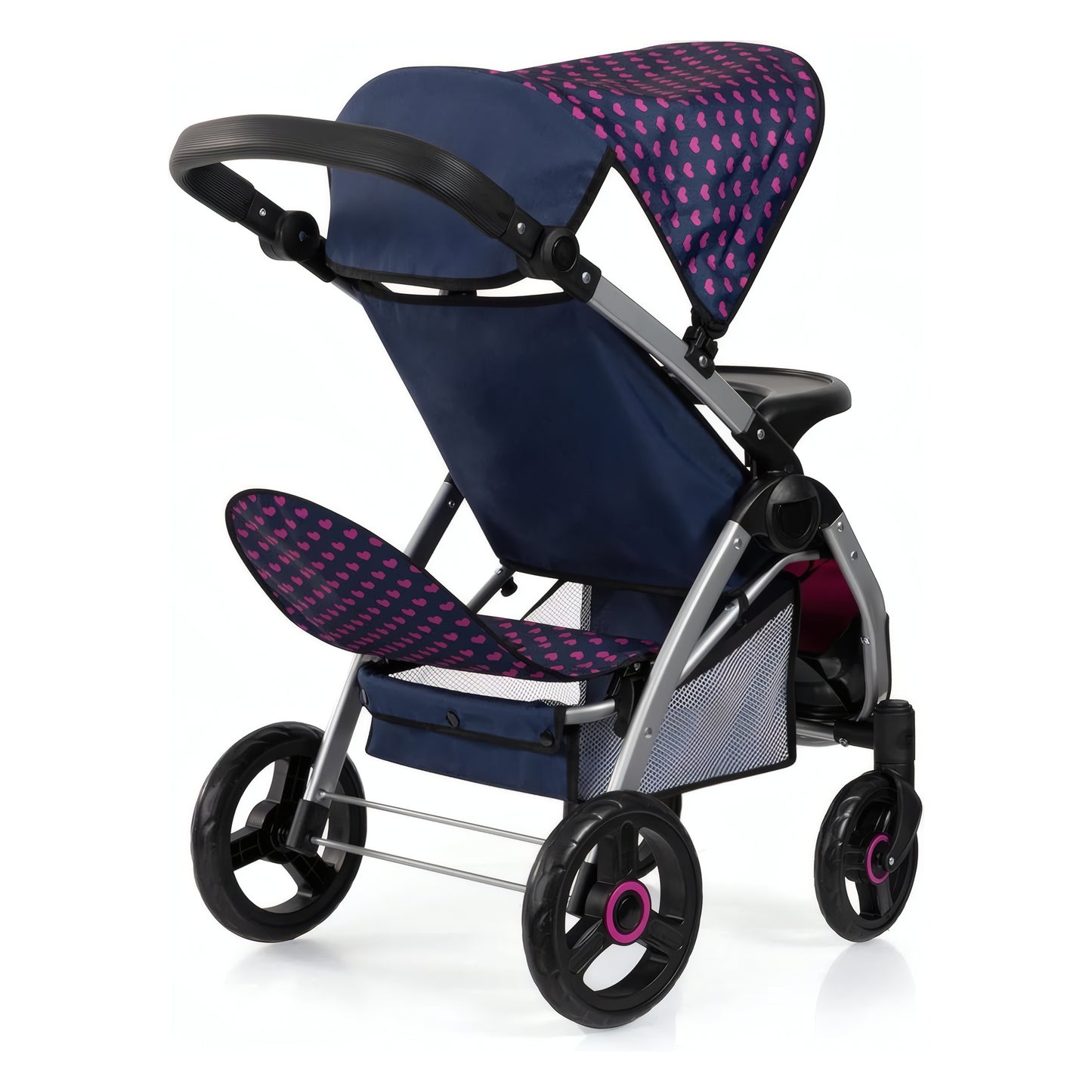 Bayer Design Twin Star blue and pink double doll pram with feeding tray and storage basket
