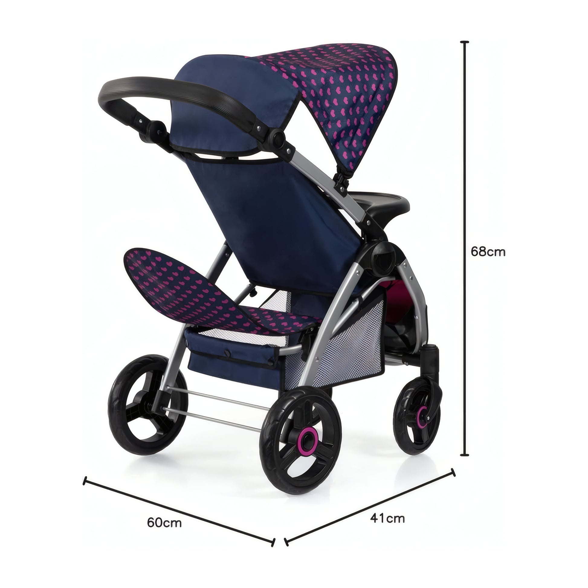 Bayer Design Twin Star blue and pink double doll pram with feeding tray and storage basket
