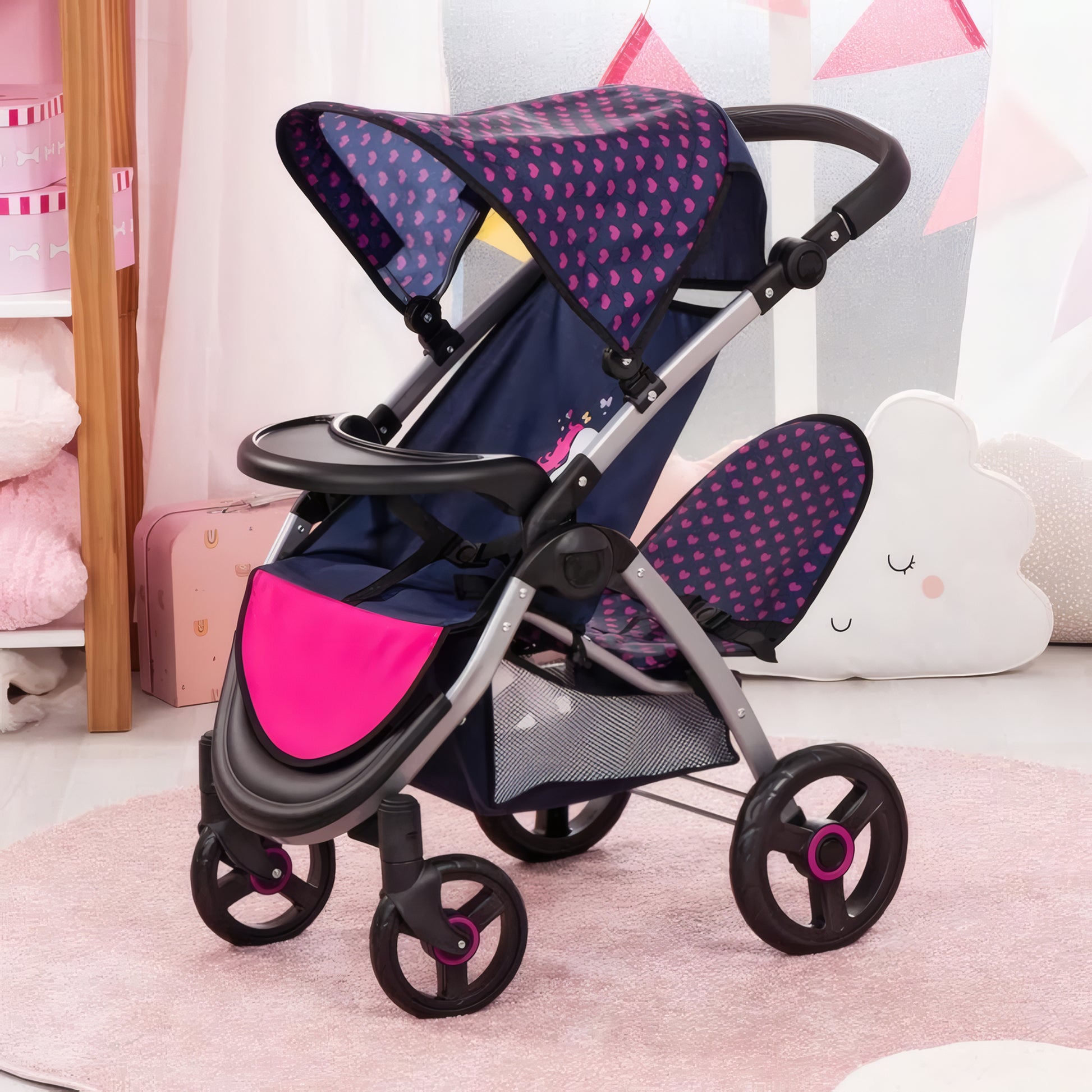 Bayer Design Twin Star blue and pink double doll pram with feeding tray and storage basket
