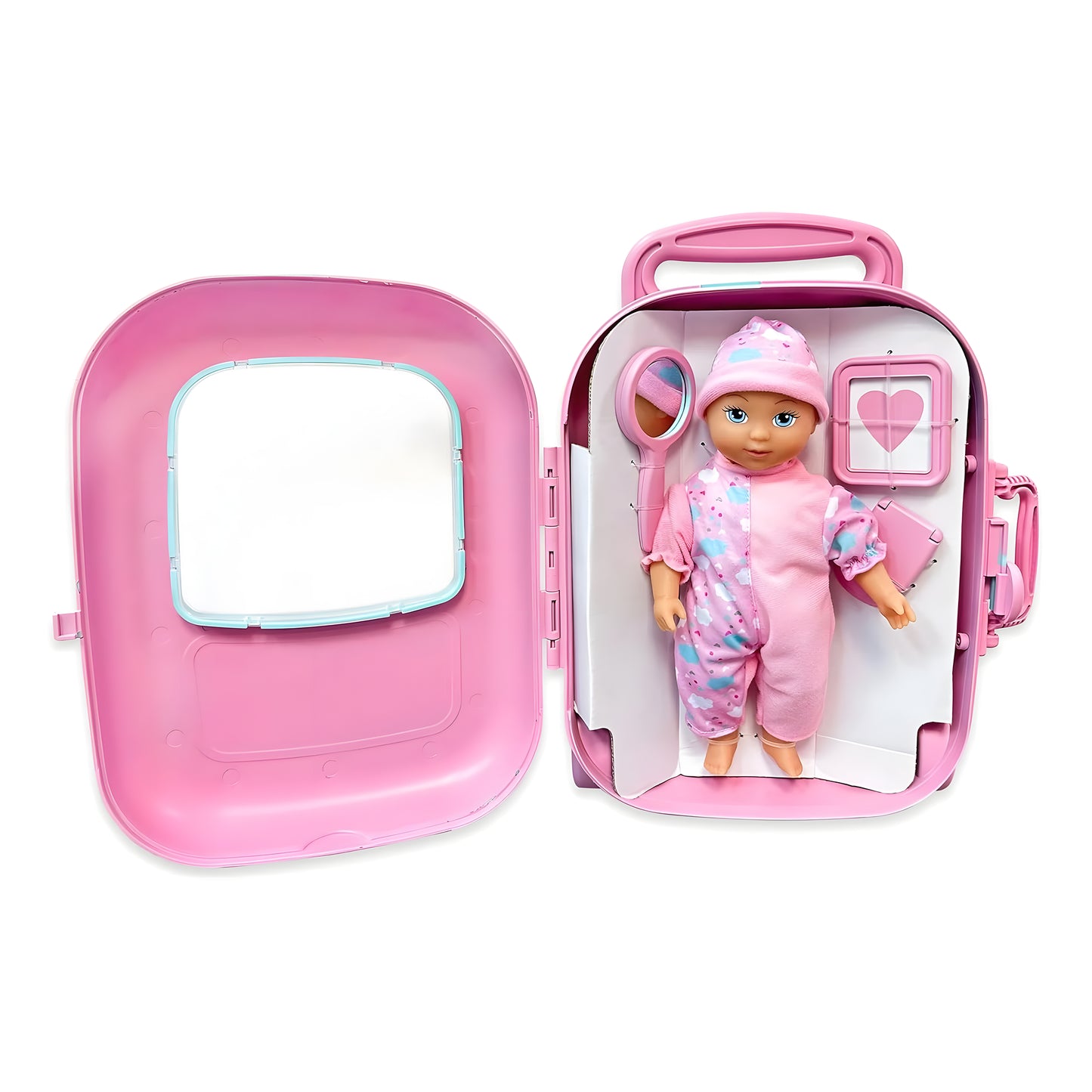 A pink doll playset shown open, featuring a baby doll in a pink outfit and hat, a small mirror, a heart-shaped accessory, and a light blue frame, all arranged inside a pink carrying case on a white background.