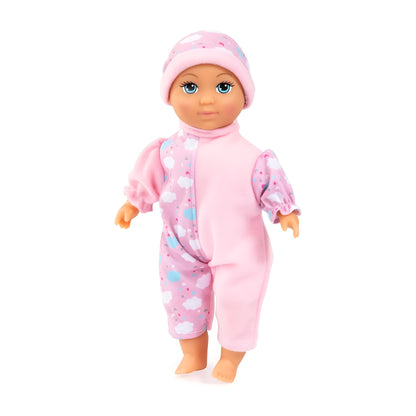 A baby doll wearing a pink one-piece sleeper and matching hat with a cloud pattern, set against a plain white background.