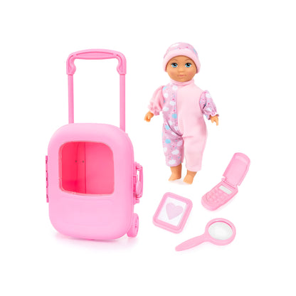 Pink doll play set with a small doll in a onesie and hat, a pink rolling suitcase, a flip phone, a magnifying glass, and a small mirror, photographed on a white background.