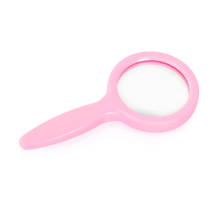 A pink plastic magnifying glass with a handle, shown on a plain white background.