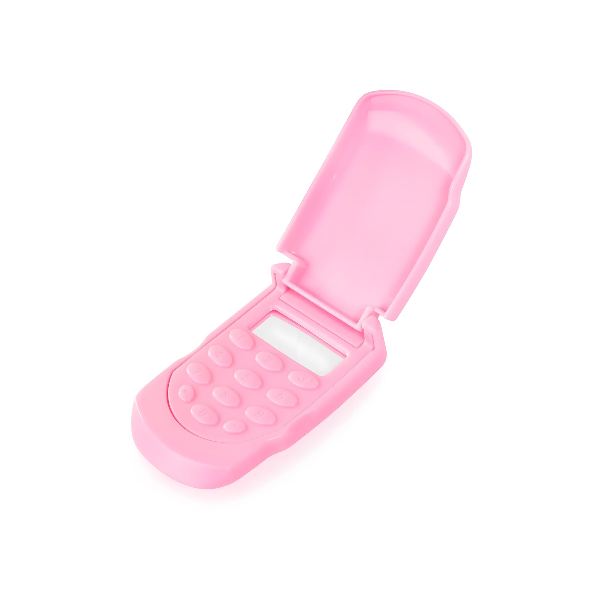 A pink flip phone-shaped cosmetic container, shown open on a plain white background.