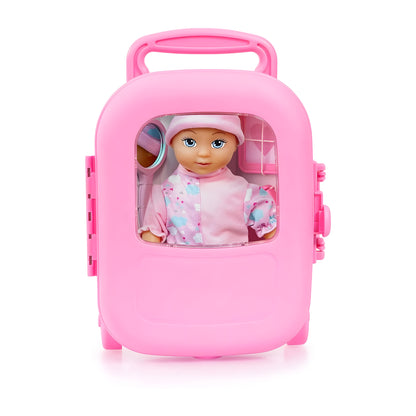 A pink doll carrier case with a handle and a window showing a doll inside, photographed on a clean white background.