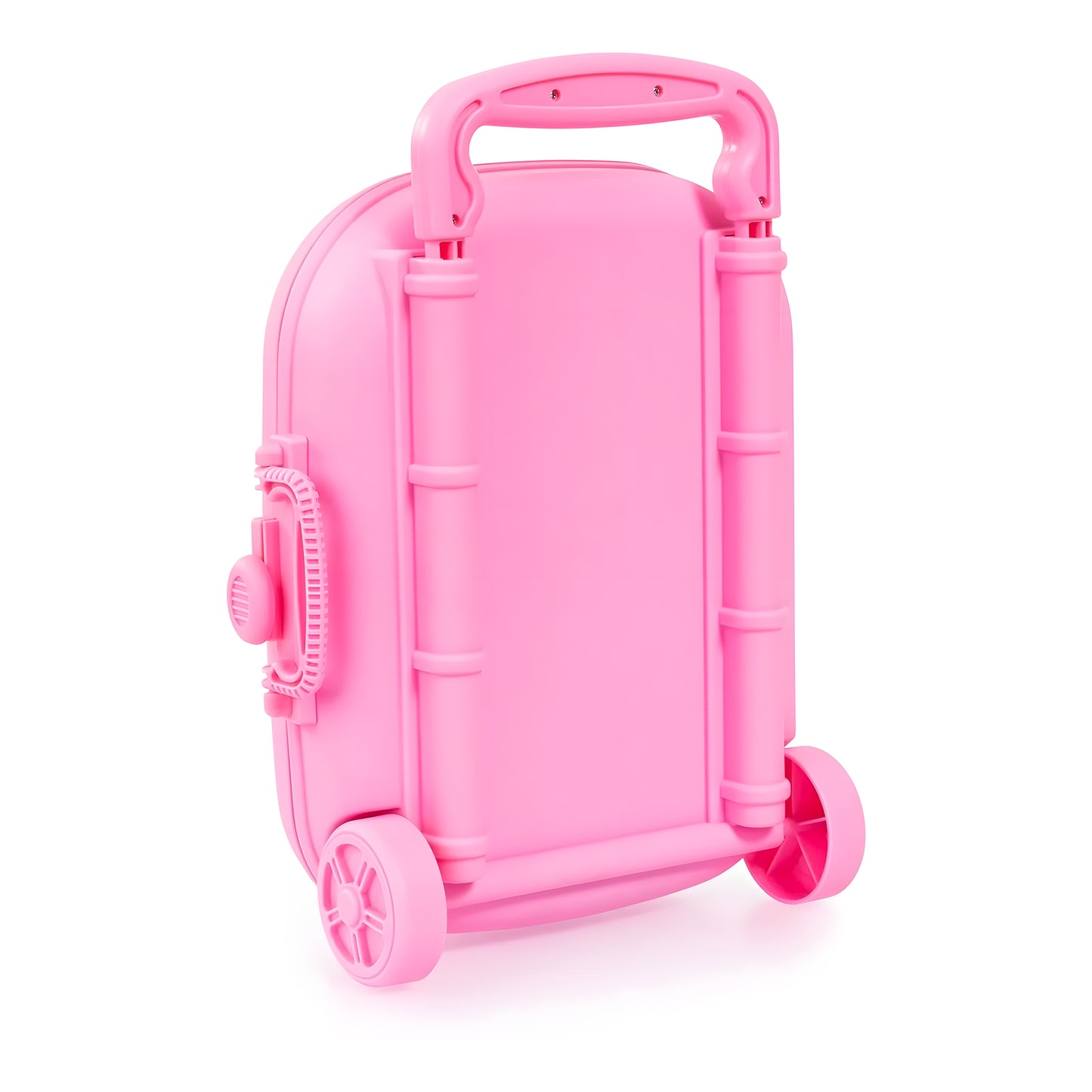 A pink hard-shell rolling suitcase with a telescoping handle and two wheels, shown on a clean white background.